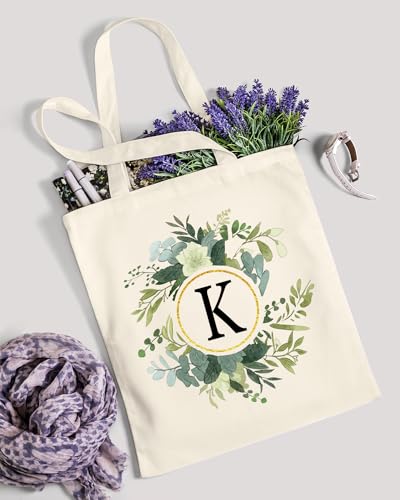 Image of AUSVKAI Canvas Tote Bag for Women, Cute Aesthetic Leaf Initial Trendy Cotton Reusable Personalized Birthday Bags
