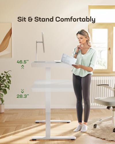 Image of Marsail Glass Standing Desk with Drawer, 48 x 24 inch Electric Standing Desk, Height Adjustable Desk with One-Piece Tabletop & USB Charging Ports, Sit Stand Desk with Storage for Home & Office White