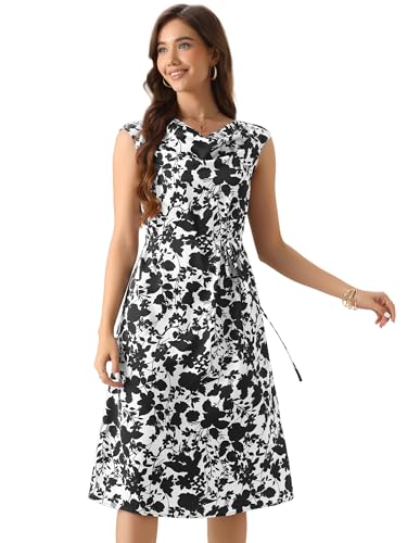 Image of Allegra K Elegant Floral Dress for Women's Vintage Cowl Neck Cap Sleeve Cocktail Tie Waist Shift Midi Dress