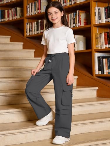 Image of SANGTREE Girls Parachute Pants Loose Lightweight Drawstring Waist Hip Hop Cargo Pants,6-16 Years