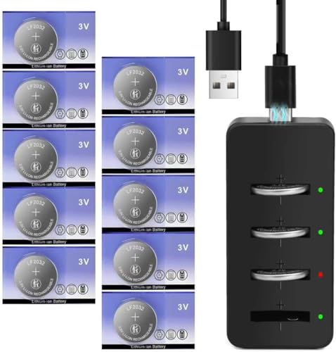 volkate LF2032 2032 Rechargeable Battery with Charger 10 Pack CR2032 Lithium 3V Coin Button Cell Batteries for Car Remote Key Fob Apple Air Tag Watch Replace ML2032 DL2032 CR2032H BR2032
