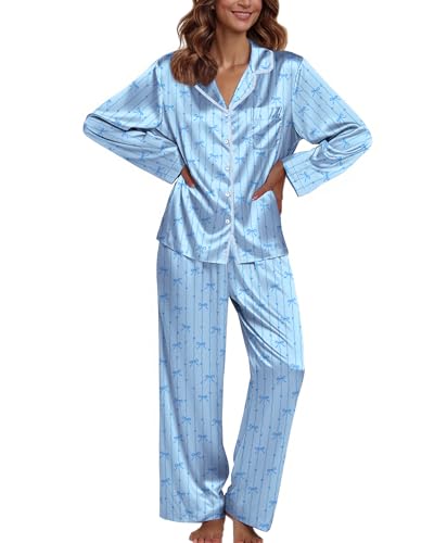 Image of Ekouaer Pajamas For Women Set Silk Pjs 2 Piece Satin Sleepwear Long Sleeve Button Down Lounge Sets With Pant