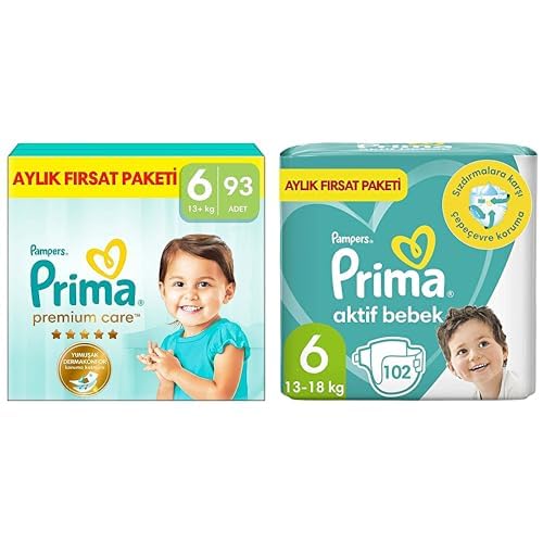 Prima Bebek Bezi Premium Care 6 Beden 93 Adet Junior Aylık Fırsat Paketi & Prima Bebek Bezi Aktif Bebek 6 Numara 102 Adet Ekstra Large Aylık Fırsat Paketi