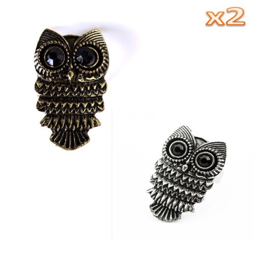 ncieEshop(TM) Retro Nickel Pewter Owl Ring,1 Piece Bronze 1 Piece Silver +Free niceEshop Cable Tie
