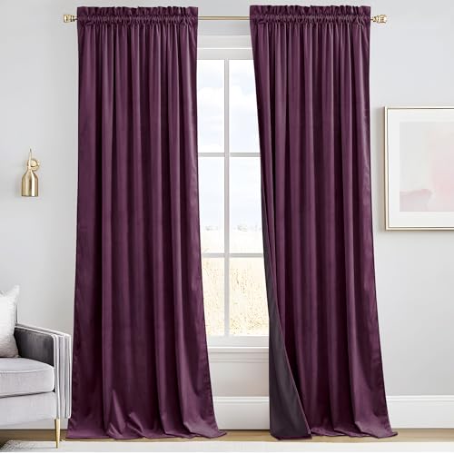 Image of RYB HOME Purple Velvet Blackout Curtains 84 inches for Bedroom Living Room | Thermal Insulated, Privacy, Sunlight UV Heat Blocking, Luxurious Decor, Dining Room Nursery, Rod Pocket, W52 x L84, 2 Panels