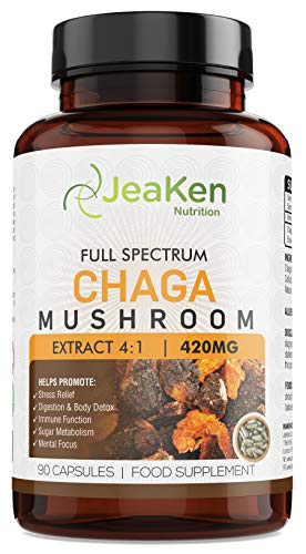JeaKen - Champignon CHAGA PLEIN SPECTRE - Capsules à Spectre Complet de 90 x 420 mg dExtrait de Champignon Chaga 4: 1 - Sans Gluten - Sans Allergène - Fabriqué au Royaume-Uni Selon le Code GMP