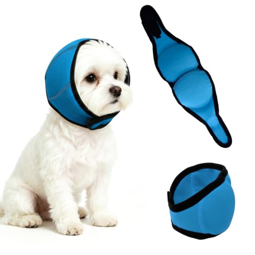 Image of Dog Ear Cover for Noise Protection & Anxiety Relief, Adjustable No Shake Ear Wrap for Firework, Hematoma, Bathing, Swim, Grooming and Force Drying (Blue, S(Head Size:10 inch-15 inch))