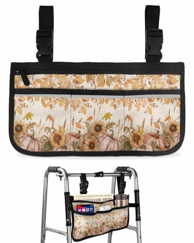 Anzona Fall Pumpkins Wheelchair Side Bag Walker Bag, Autumn Rustic Sunflowers Leaves Wheelchair Accessories Armrest Pouch, Organizer Storage Bag for Walkers, Rollators, Scooters, 7.3''x13''