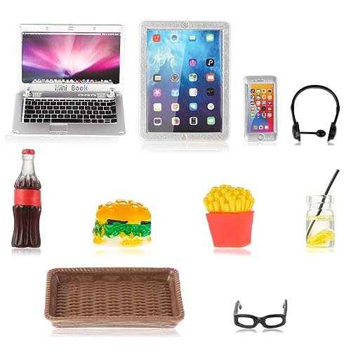 simarro Juego de 10 accesorios de aprendizaje para casa de muñecas, escala 1:12, simulación en miniatura, alimentos, metal, laptop, teléfono móvil y tableta, mini vasos, hamburguesa, cola, papas