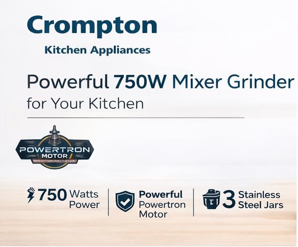 Image of Crompton Nigella Neo 750 Watts Mixer Grinder | Powertron Motor | 3 Stainless Steel Jars (1.5L, 1L, 500ml) | Heavy Duty Grinding, Blending, Chutney & Smoothie Maker for Kitchen