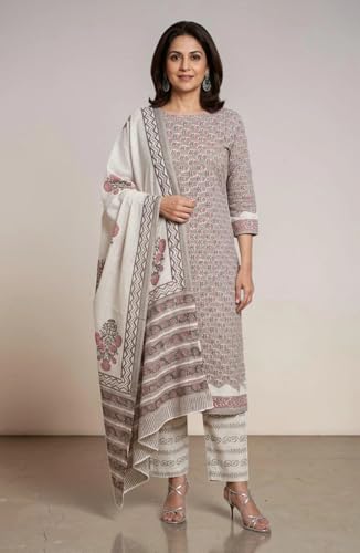 Image of Eddika women unstitched hand block printed cotton suit set with mulmul dupatta ehbpcswmd0120P