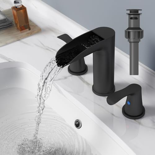 Top 10 Best Black Bathroom Faucets for Stylish Spaces 2 SINGSUO Bathroom Faucets for Sink 3 Hole, 8 Inch Waterfall Bathroom Faucet with 360 Degree Swivel Spout, 2 Handle Widespread Faucet with Pop Up Drain, 3 Piece Matte Black Tap