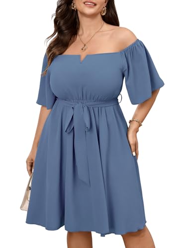Image of SCOMCHIC Womens Plus Size Cocktail Dress Summer Off Shoulder Short Sleeve Flowy Ruffle A-Line Cute Mini Dress with Belt