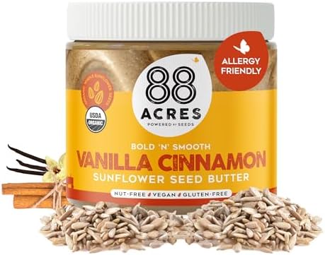 88 Acres Organic Sunflower Seed Butter, Vanilla Cinnamon, 14 oz Jar, 2 Pack, Butter Spread with 5g Plant-Based Protein, Gluten Free, Nut Free, Vegan, Non-GMO