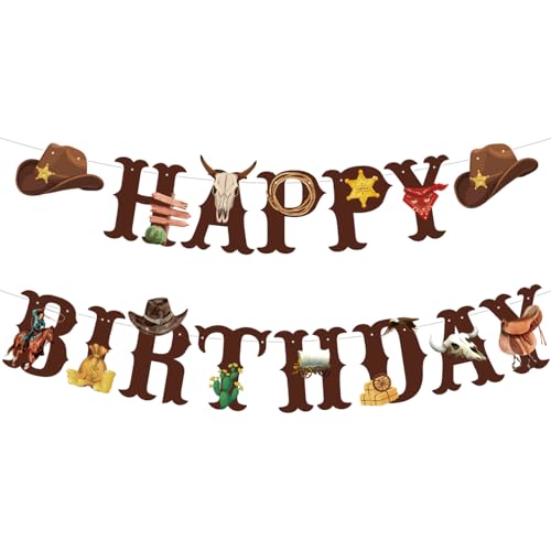 Image of Western Cowboy Theme Wild West Party Decoration,Pre-Strung Happy Birthday Banner,Retro Horse Rodeo Party Supplies for Boys,Cowboy Hat Horses Garland for Boys Birthday Party