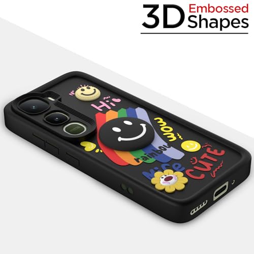 Image of Pikkme Back Cover for Vivo Y400 Pro 5G | Soft Silicone| Cute Rainbow Smile & 3D Cartoon Flower Design | Shockproof Raised Camera Protection Bumper Case (Black)