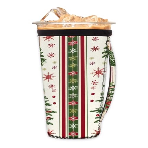 Striped Snowflake Christmas Tree Reusable Neoprene Coffee Sleeve with Handle Insulated Iced Coffee Cup Holder Reduces Condensation Fits 24-28 oz Cups M