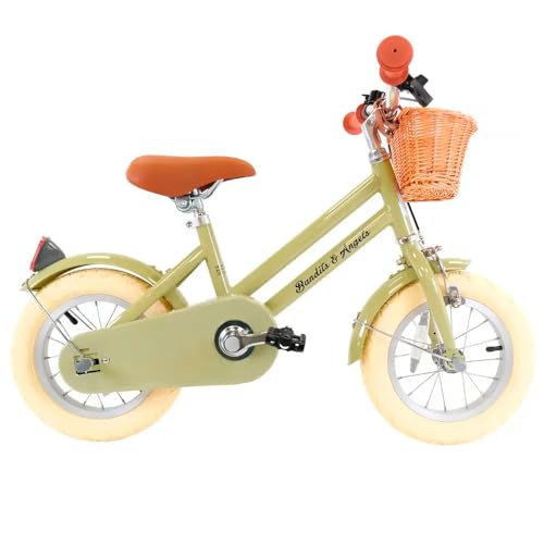 Bandits & Angels Kinderfahrrad 12 Zoll Retro Rider grün ab 3 Jahren – Kinderfahrrad aus Metall für Jungen und Mädchen – inklusive Lenkerkorb – Verstellbarer Sattel und Lenker – 12 Zoll Luftreifen