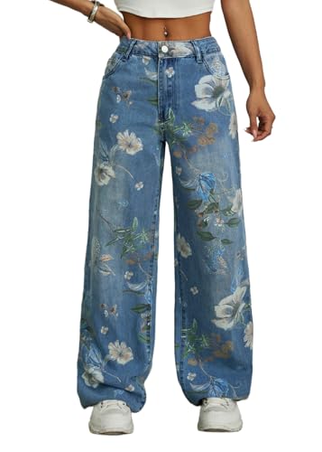 CHARTOU Women Mid Rise Floral Printed Straight Leg Jeans Baggy Summer Patchwork Denim Pants2