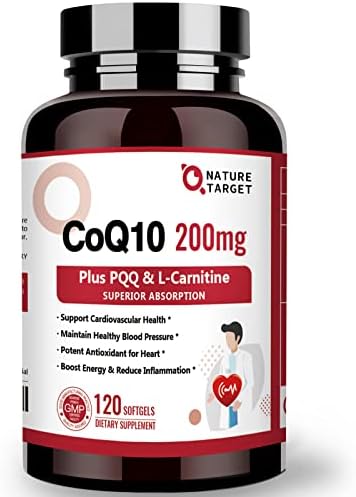 NATURE TARGET CoQ10-200mg with PQQ L-Carnitine & Omega-3s, High Absorption Coenzyme-Q10 with BioPerine, Supports Heart and Immune System, Energy Production, 120 Servings