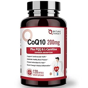 NATURE TARGET CoQ10-200mg with PQQ L-Carnitine & Omega-3s, High Absorption Coenzyme-Q10 with BioPerine, Supports Heart and Immune System, Cellular-Energy-Production, 120 Servings