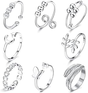 ADRAMATA 8Pcs Adjustable Silver Rings for Women Anxiety Rings with Beads Minimalist Heart Feather Leaves Stackable Rings Set Open Thumb Rings for Women Girls