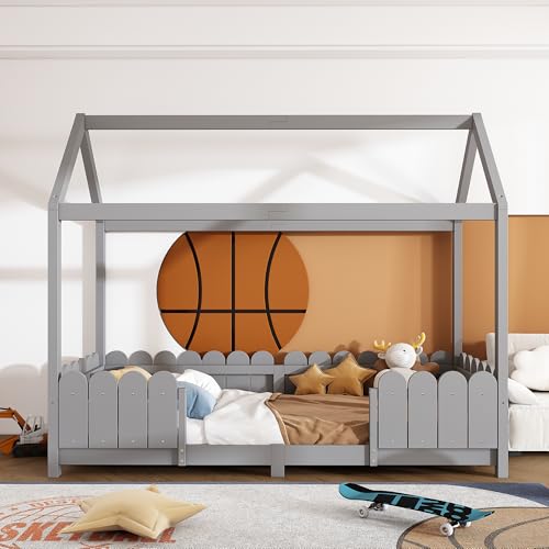 Hmdpoo Cama Infantil de Madera con Forma de Casa, con Barandilla de Seguridad y Somier, sin Colchón, Blanco Gris 90x200 cm (Gris)