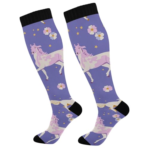 Dussdil Color Horse Flowers Birds Compression Socks for Women Men Circulation Long Knee Sock for Sport Gym Running Stockings