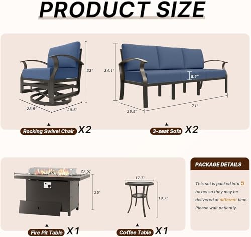Image of Aluminum Patio Furniture Set with Fire Pit Table, 8 Seats Outdoor Patio Conversation Sets with Swivel Chair Modern Metal Sectional Sofa with Upgrade Cushions for Patio, Backyard - Blue