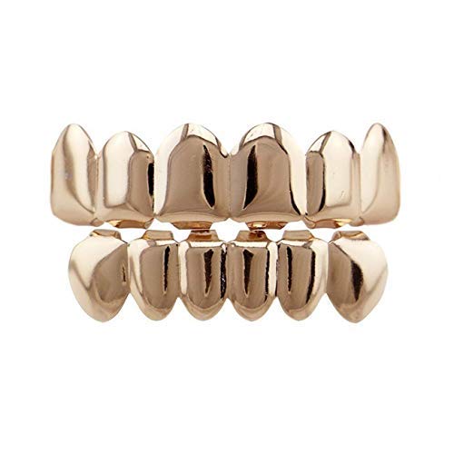 fantastic me 24K Gold Plated Hip Hop Punk Custom Fit Teeth Grillz Caps Top & Bottom Grill Set Removable (Rose Gold)