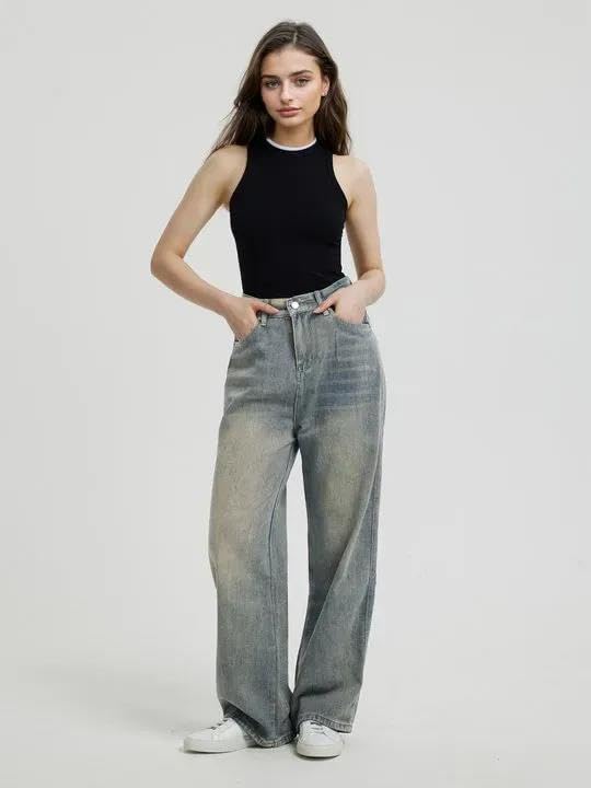 Image of KOTTY Women Wide Leg Baggy Jeans High Waist Relaxed Fit Denim Casual Wear