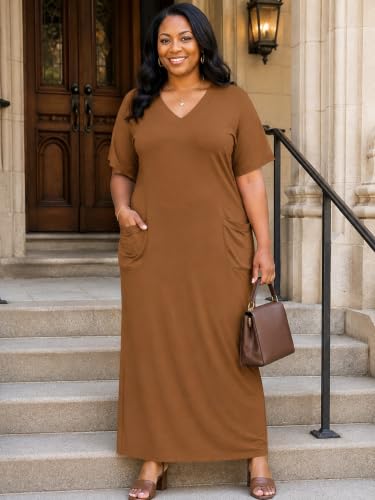 Image of PinkPatty Women's Plus Size Short Sleeve Maxi Dress Casual Loose V Neck Long Dress with Pockets