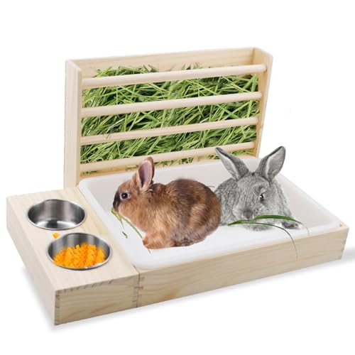 PINVNBY Rabbit Hay Feeder with Litter Box,3 in 1 Wooden Bunny Feeder Guinea Pig Litter Box Small Animal Hay Holder Rack with Toilet and 2 Bowls Combo for Rabbits Chinchillas Hamsters - image 8