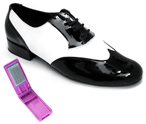 Very Fine Dance Shoes - Mens Standard, Smooth, Waltz Ballroom Dance Shoes - M100101-1-inch Heel and Foldable Brush Bundle - Black Patent - White Leather - 13