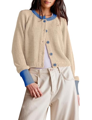 PUWEI Women's Color Block Cardigan Sweaters Button-Up Long