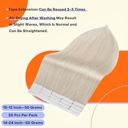Full Shine Tape in Hair Extensions Human Hair 10 Inch Seamless Tape Ins Human Hair Extensions Color 1000 Blonde Remy Extensions 30g 20PCS Tape Extensions for Women