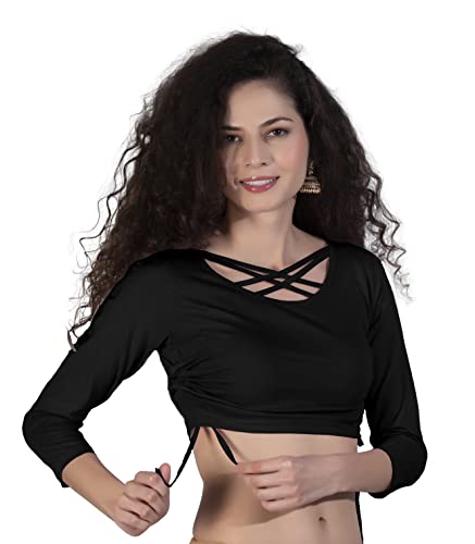 Image of THE BLAZZE B4080 Women's Cotton Scoop Double X Neck 3 /4 Sleeves Adjustable Drawstrings Crop Top Readymade Saree Blouse for Women