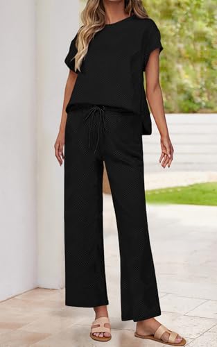 PRETTYGARDEN 2 Piece Outfits For Women Casual Tracksuit Short Sleeve Tops And Wide Leg Long Pants Matching Lounge Sets2