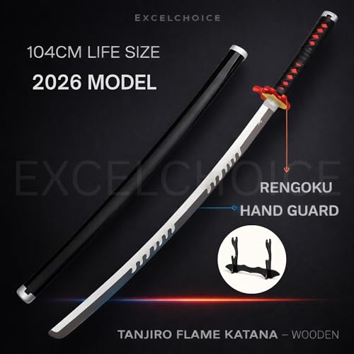 Image of EXCELCHOICE Demon Slayer Fire God Kamado Tanjiro Katana /Sword Toy 104cm Life Size - Bamboo Wood Tanjiro Kamadoo Anime Katana Rengoku X Tanjiro Silver Blade 2024 (Double Layer Stand Included)
