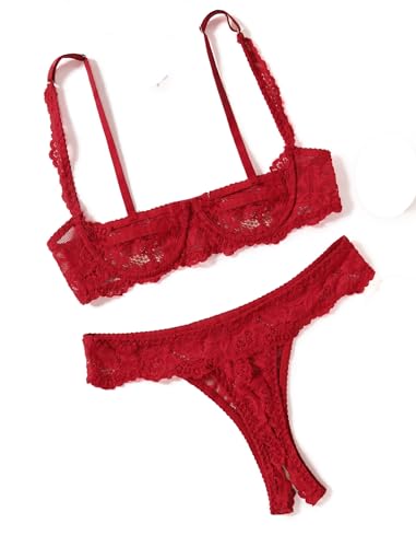 Avidlove Sexy Bra with Panties Mesh Sheer Push Up Lingerie Set Lace Underwire Lingerie Wine Red M