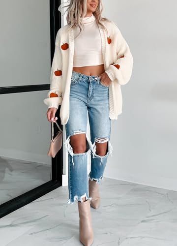Image of Women Holiday Sequin Cardigans Funny Graphic Button Embroidered Sweaters Cute Open Front Knit Long Sleeve Coat Tops