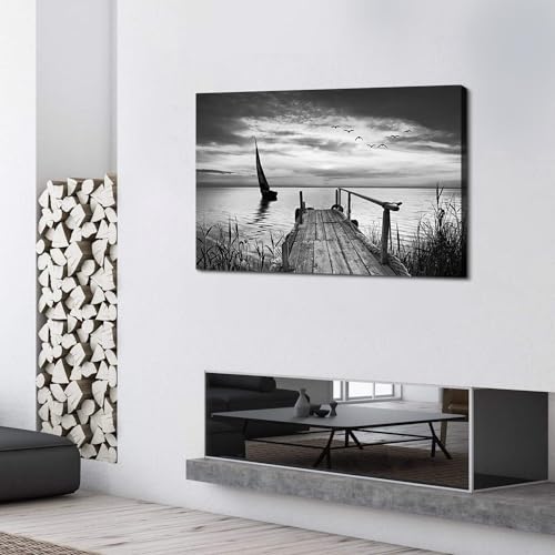 Image of Black and White Nature Wall Art Beach Landscape Pictures Wall Decor for Living Room Coastal Poster Canvas Prints Vintage Sailboat Scenery Paintings Seascape Artwork Home Office Decorations 32x48 inch