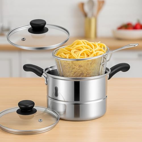 Image of MotiBa Stainless Steel Deep Frying Pot with Basket and Long Handle - Small Oil Fryer for French Fries, Fish, Large Chicken Wings, Sauces, Gravies, and Pasta - Silver (Frying Pot, 2 Liter)