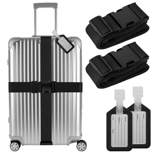 Image of Luggage Straps,2 Pack Adjustable Luggage Straps for Suitcases and Tags Set 2 Straps, 2 Tags,Extends Life of Bag (Black)