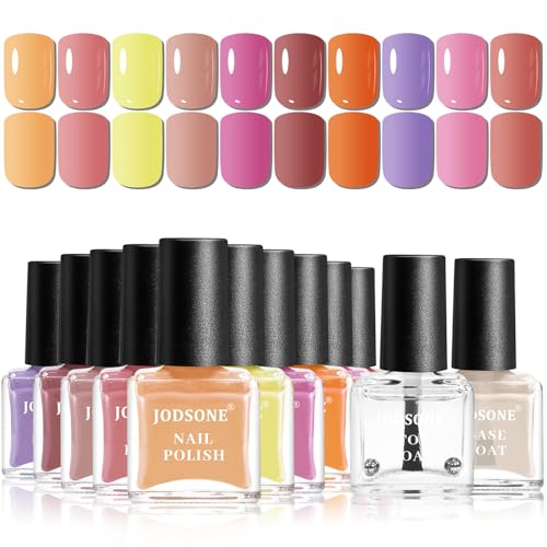 JODSONE Set de Pintauñas Tonos Otoñales - 12 Colores Naranja, Morado, Amarillo, Rosa y Nude, con Base y Top Coat, Esmalte de Uñas Secado Rápido y Duradero para Regalos de Temporada