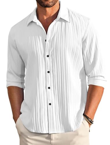 Image of FINIVO FASHION Men's Casual Cotton Plain Button Down Shirt Long Sleeve Textured Summer Beach Shirt for Men