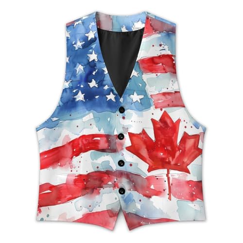 Watercolor U.S. Canada Flag Novelty Men's Suit Vest Casual Formal Dress Vests Business Waistcoat 6