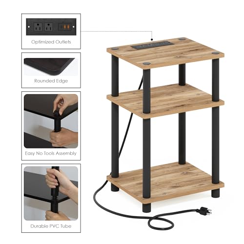 Image of Furinno Just 3-Tier Turn-N-Tube USB and Type-C Charging Port End Table with Open Storage, Flagstaff Oak /Black, Set of 2
