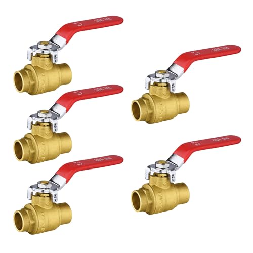 Niikappu 5 Pack Ball Valves, 1 Inch Sweat Red Shut Off Valve, No Lead Brass Full Port Shut Off Ball Valve for Hot and Cold Water, NSF/ANSI 61 Certified