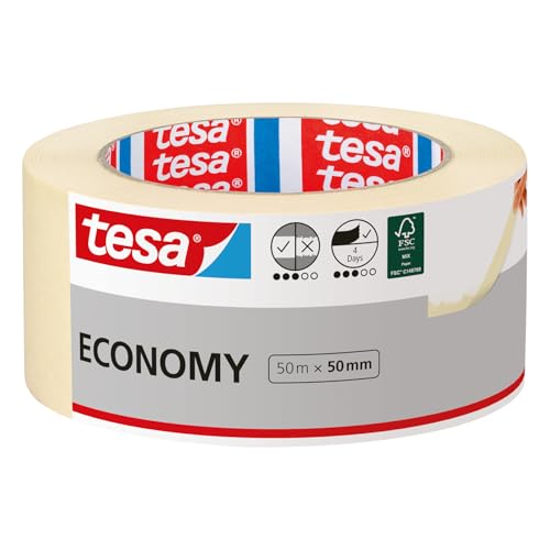 tesa Malerband ECONOMY - Vielseitiges Klebeband für Malerarbeiten ohne Lösungsmittel - Bis zu 4 Tage nach Gebrauch rückstandslos entfernbar 50 m x 50 mm